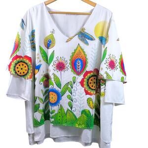 Misslook Dragonfly Floral Art to Wear Multicolor Lagenlook Top Size XXL NWOT
